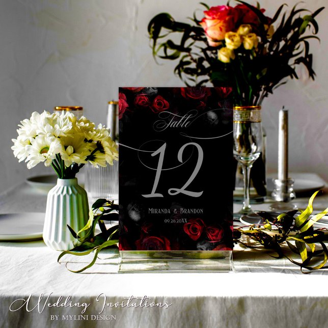 Numéro De Table Élégant Mariage floral noir et rouge personnalisé (Créateur téléchargé)