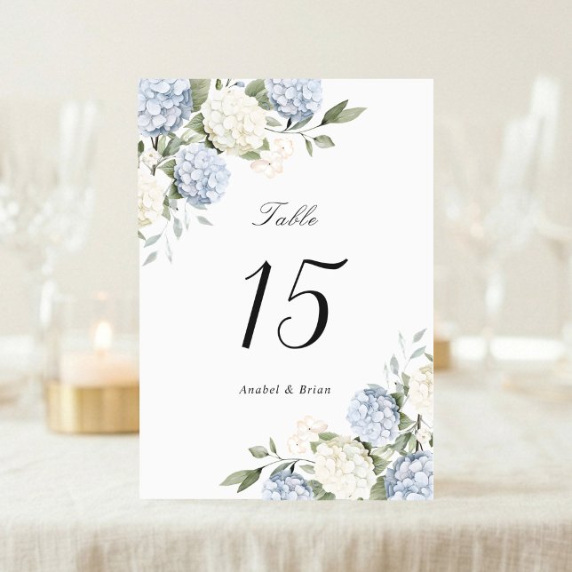 Numéro De Table Élégant mariage floral verdure hydrangea bleu (Créateur téléchargé)