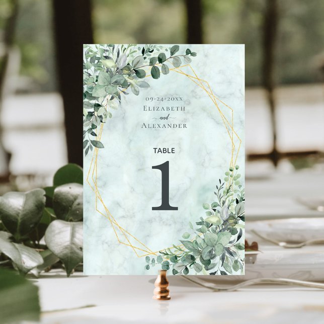 Numéro De Table Élégant Mariage géométrique Eucalyptus en marbre (Créateur téléchargé)