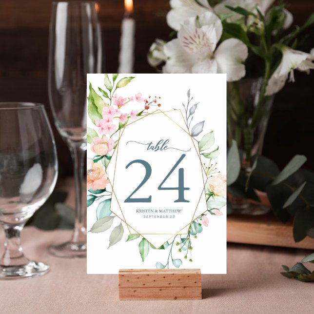Numéro De Table Elégant Mariage géométrique Floral Boho Aquarelle (Spring floral watercolor table number for your reception decor features geometric frame.)