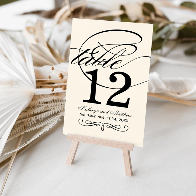 Numéro De Table Élégant Mariage Monogramme Calligraphie Noir Ivoir (Créateur téléchargé)