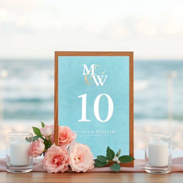 Numéro De Table Élégant Mariage Monogramme de verre marin (Créateur téléchargé)