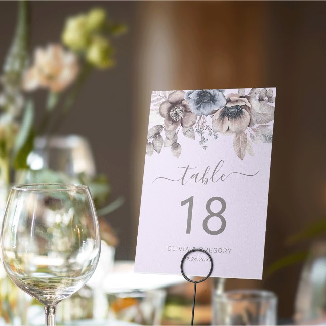 Numéro De Table Élégant Mariage Pastel Spring Watercolor (Elegant Pastel Spring dusky blue, heather lilac, and beige. Watercolor Flower Wedding Table Number)