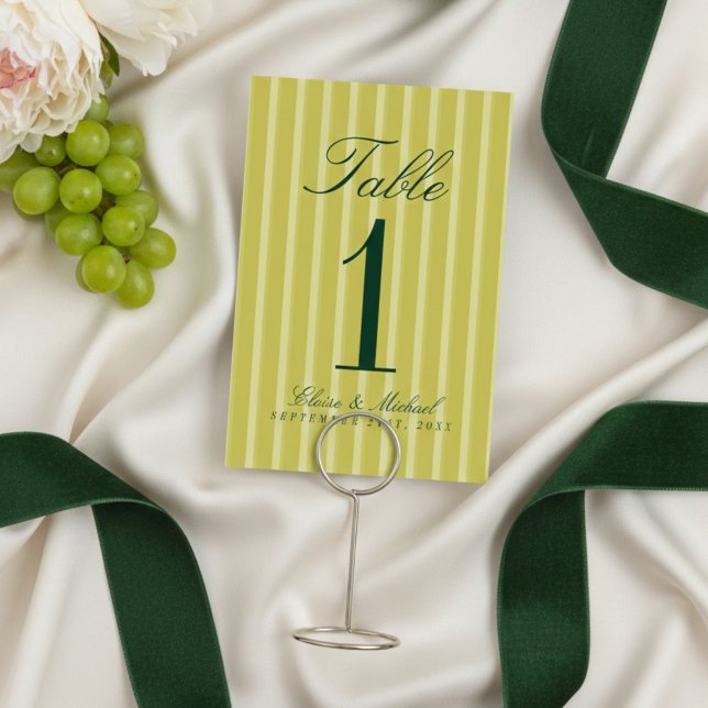 Numéro De Table Élégant Mariage Simple Motif Rayé Chartreuse (Elegant Chartreuse Simple Stripe Pattern Wedding Table Number)