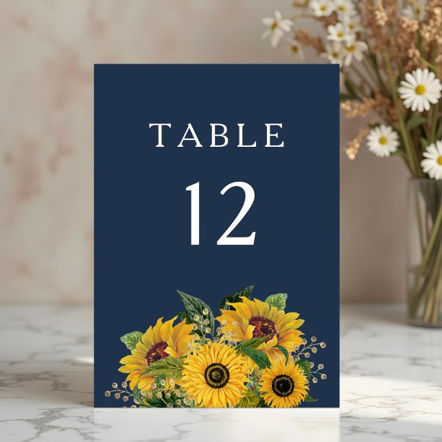 Numéro De Table Élégant mariage tournesols bleu marine  (Elegant Navy Blue Sunflowers Wedding Table Number)
