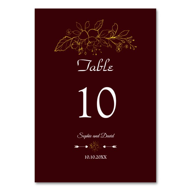 Numéro De Table Elegant Minimal Gold Floral Deep Burgundy Wedding (Par défaut)
