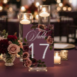 Numéro De Table Elegant Moody Soft Rust & Burgundy Floral Wedding<br><div class="desc">Embrace timeless elegance for your gothic-inspired celebration with our captivating table number card. A soft burgundy wine background provides the perfect canvas for a captivating, yet understated bouquet. Imagine a corner arrangement of muted rose blooms, where soft rust blush and rich burgundy hues mingle with dark green foliage. This ethereal...</div>