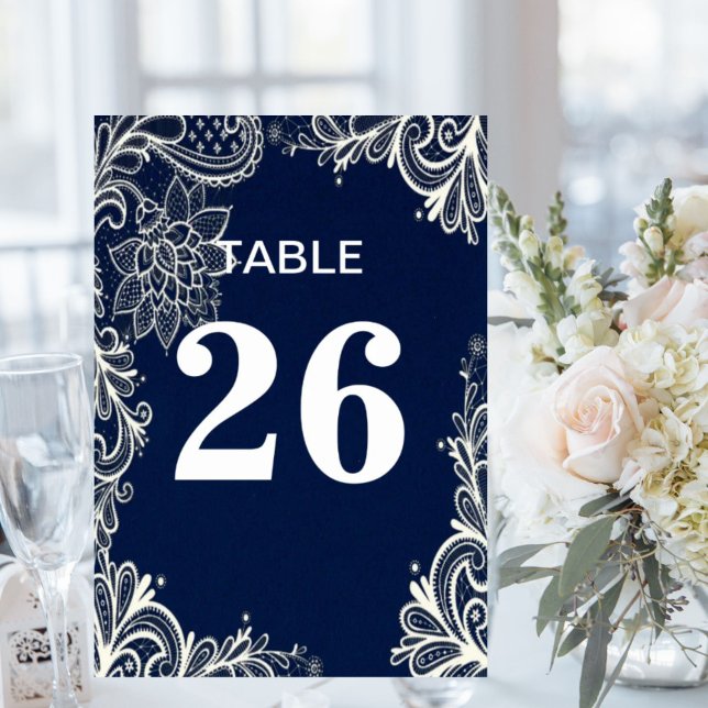 Numéro De Table élégant nautique plage dentelle blanche bleu marin (elegant nautical beach white lace navy blue table number)
