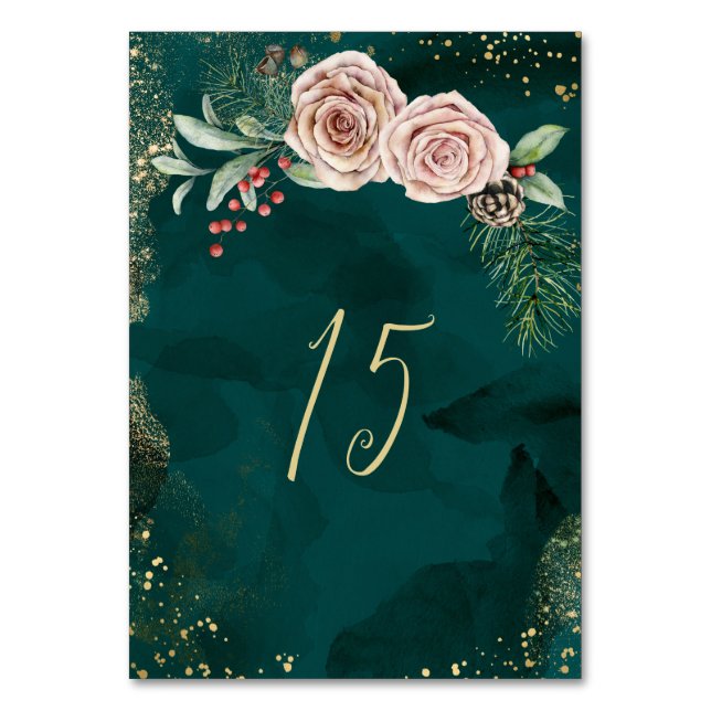 Numéro De Table Élégant Noël Pink Roses d'hiver Vert foncé (Par défaut)