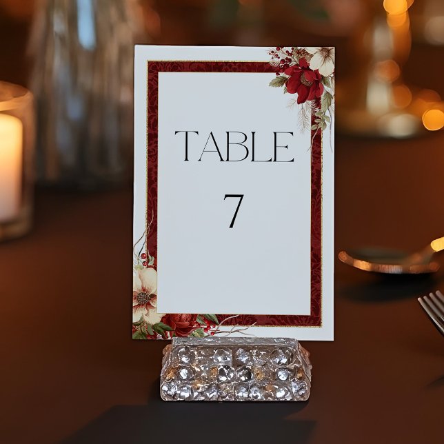 Numéro De Table Élégant Noël Rouge Damas Floral (Créateur téléchargé)