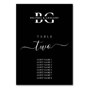 Numéro De Table Élégant Noir et Blanc Monogramme Initiales Mariage