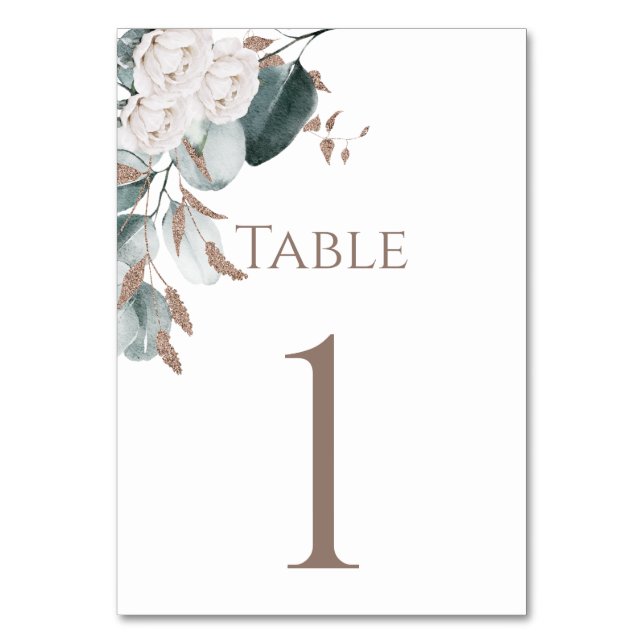 Numéro De Table Elégant Or Roses Blanches Aquarelle Verdure (Par défaut)