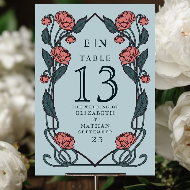 Numéro De Table Elegant Pink Peony Art Nouveau Floral Wedding (Créateur téléchargé)