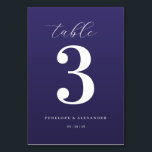 Numéro De Table Elegant Purple Number Table Sign<br><div class="desc">This elegant wedding table card features a minimalist design with a deep purple background and crisp white text. The layout centers around a large, bold serif number "3, " complemented by cursive script for the word "table" at the top and clean sans-serif fonts for customizable names and date below. The...</div>