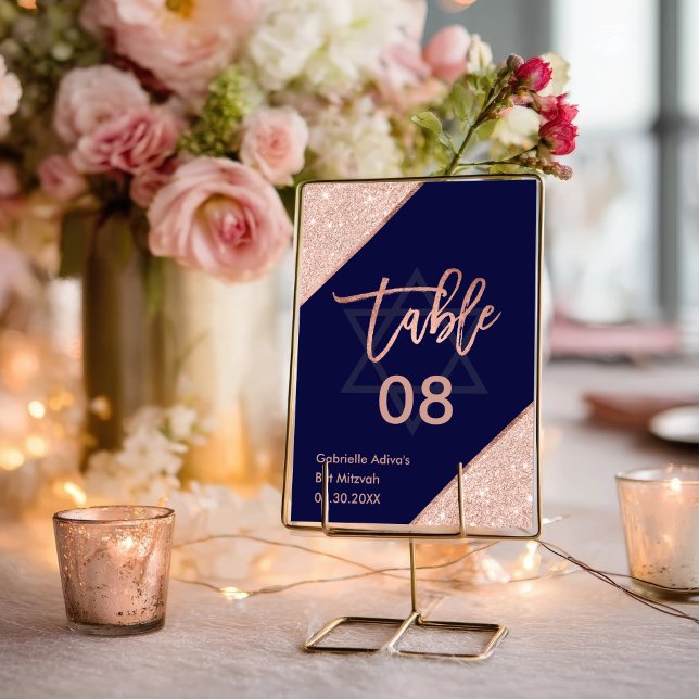 Numéro De Table Élégant Rose chic Gold Marine Bat mitzvah bleu mar (Elegant Chic Rose Gold Navy Blue Bat Mitzvah Table Number)
