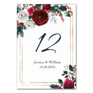 Numéro De Table Élégant Rose d'hiver de Bourgogne Mariage floral