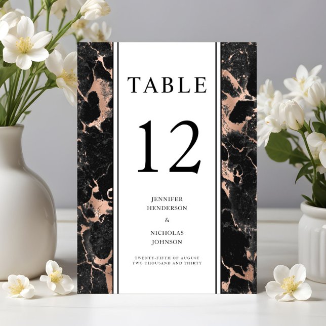 Numéro De Table Élégant Rose noir en marbre or Mariage (Elegant Black Rose Gold Marble Wedding Table Number)