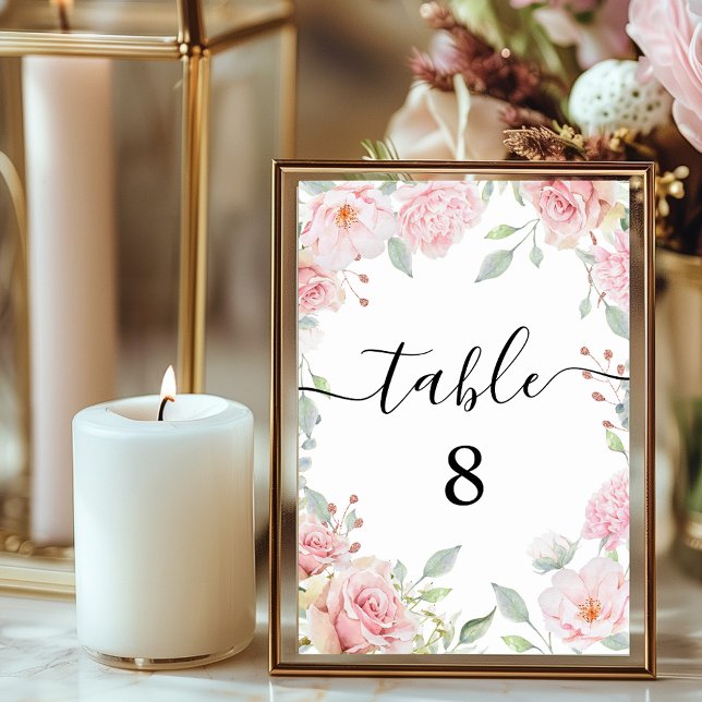 Numéro De Table Élégant rose Roses Mariage de calligraphie romanti (Elegant Pink Roses Romantic Calligraphy Wedding Table Number)