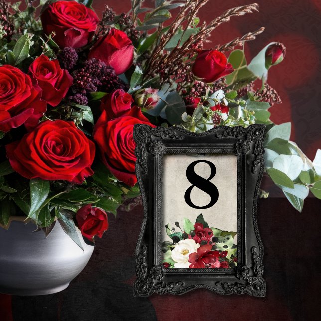 Numéro De Table Élégant Rouge foncé Floral Grunge Grey Goth Mariag (Créateur téléchargé)