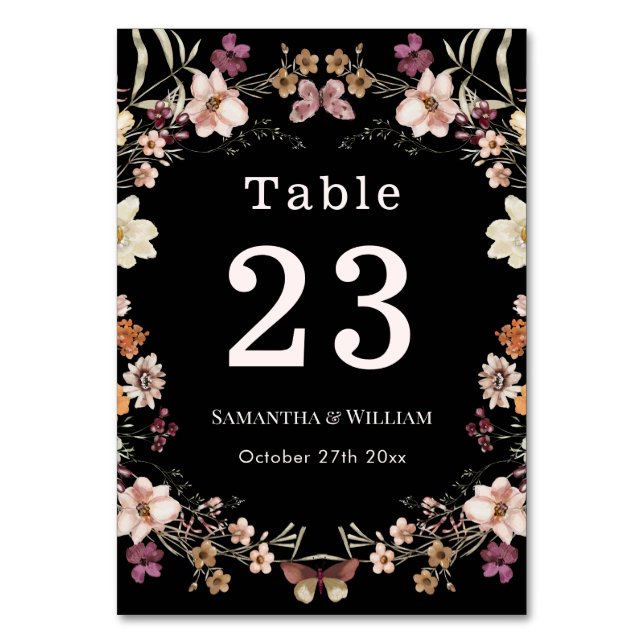 Numéro De Table Elégant Royal Black Pastel Fleur sauvage Boho Mari (Par défaut)