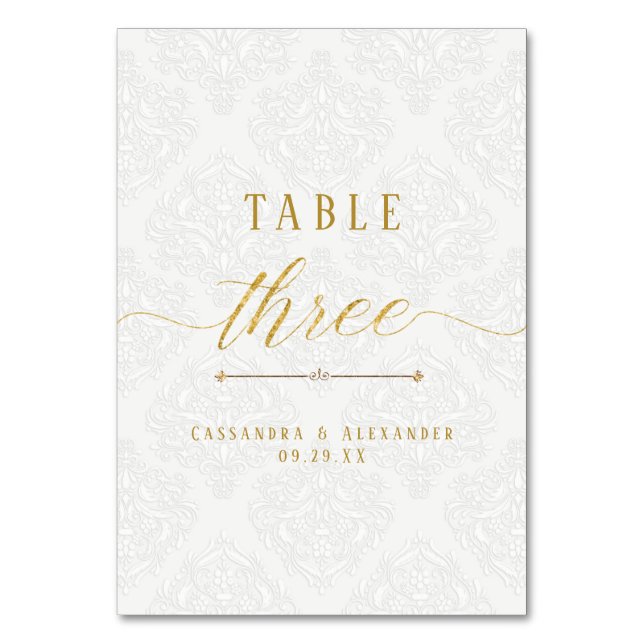 Numéro De Table Élégant Script Blanc dentelle Or 3 Trois Mariages (Par défaut)