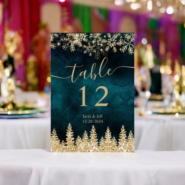 Numéro De Table Élégant script chic Or et Turquoise Noël d'hiver (Elegant chic script Gold and Teal Winter Christmas Table Number)