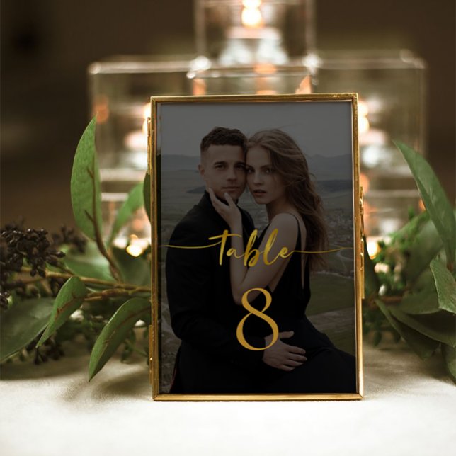 Numéro De Table Élégant Script moderne Mariage photo Numéro de tab (Modern Black and Gold Floral elegant wedding Photo Table card)