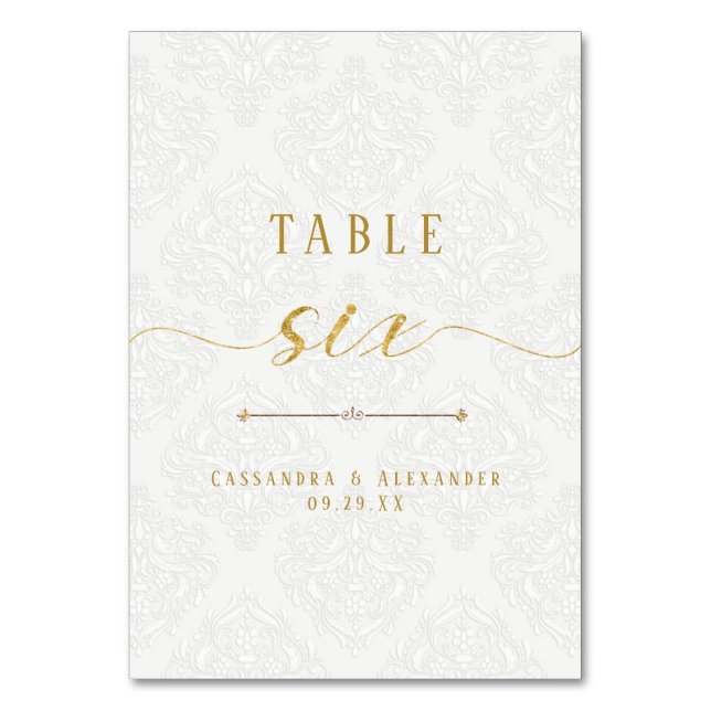 Numéro De Table Élégant Script White Lace Gold 6 Six Mariage (Par défaut)