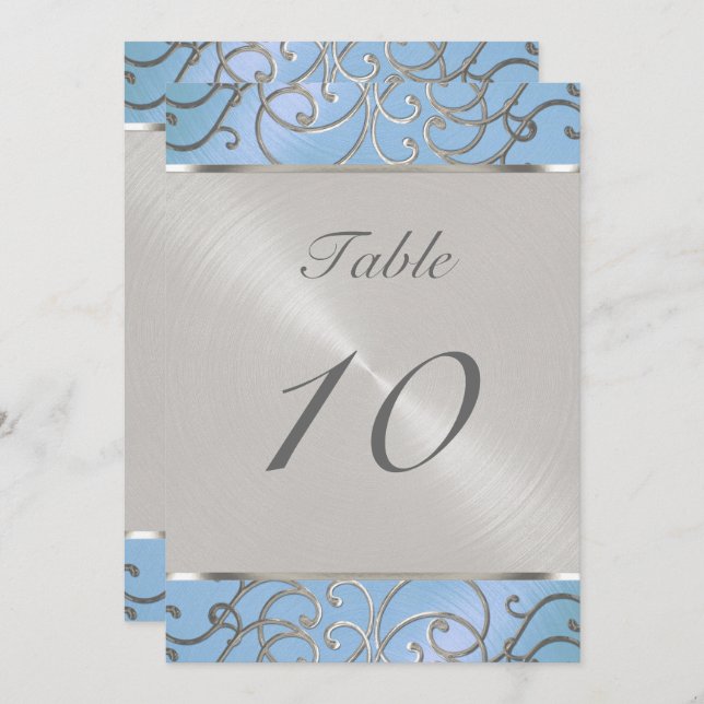 Numéro de table Elegant Sky Blue et Silver Filigre (Devant / Derrière)