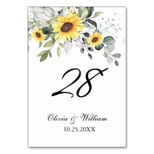 Numéro De Table Elegant Sunflowers Eucalyptus Watercolor Wedding