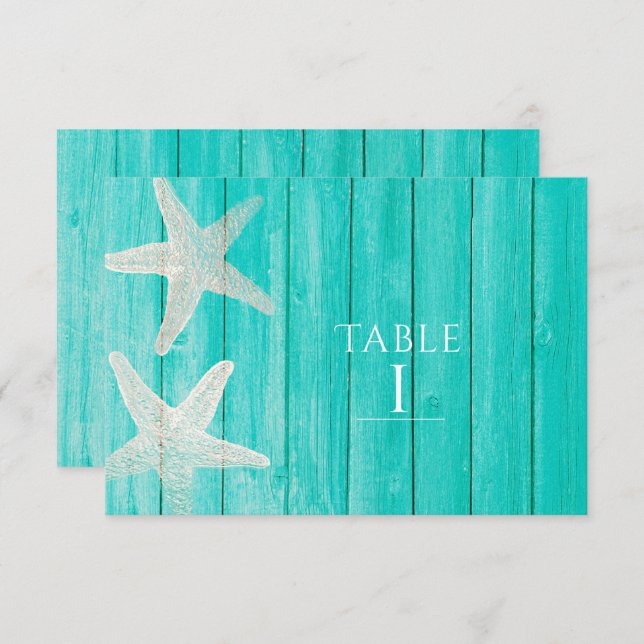 Numéro de table élégant Teal Wood & Starfish Beach (Devant / Derrière)