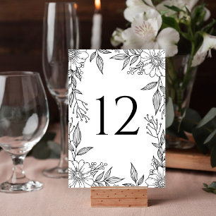 Numéro De Table Élégant trait floral Mariage noir blanc