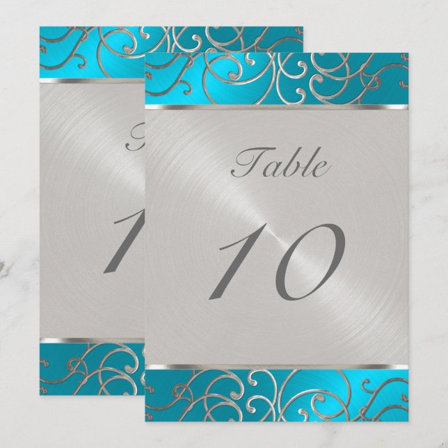 Numéro de table Elegant Turquoise Silver Filigree (Devant / Derrière)