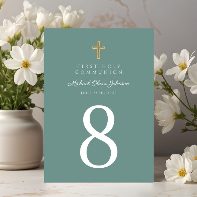 Numéro De Table Elégant Vert Croix Religieuse Garçon Première Comm (Elegant Green Religious Cross Boy First Communion Table Number)