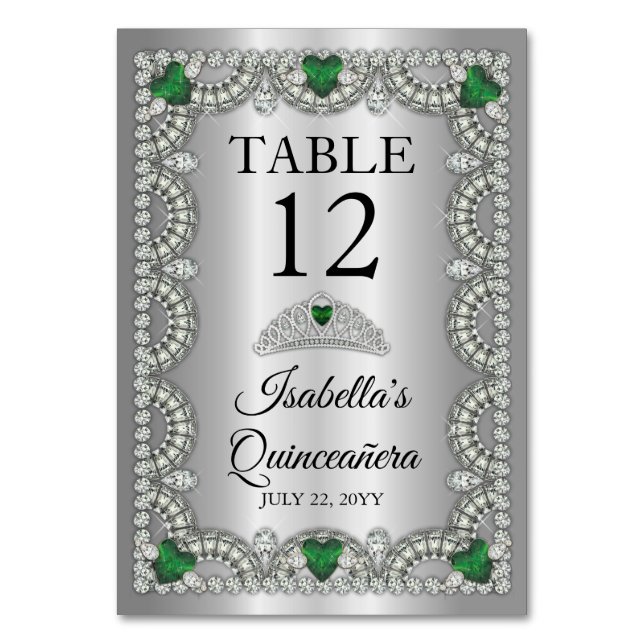 Numéro De Table Élégant vert émeraude | Diamond Crown Quinceañera (Par défaut)