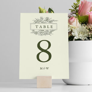 Numéro De Table Elégant Vert Ligne Art Floral Monogramme Mariage