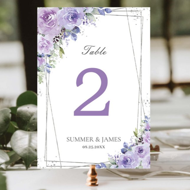 Numéro De Table Élégant violet Lilac Floral Argent Mariage (Créateur téléchargé)
