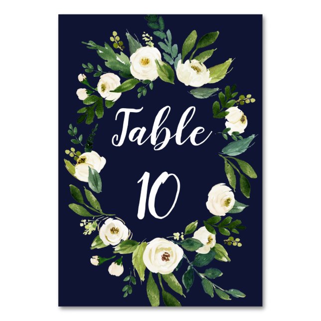 Numéro De Table Elégante aquarelle blanc Floral Wreath Navy bleu (Dos)