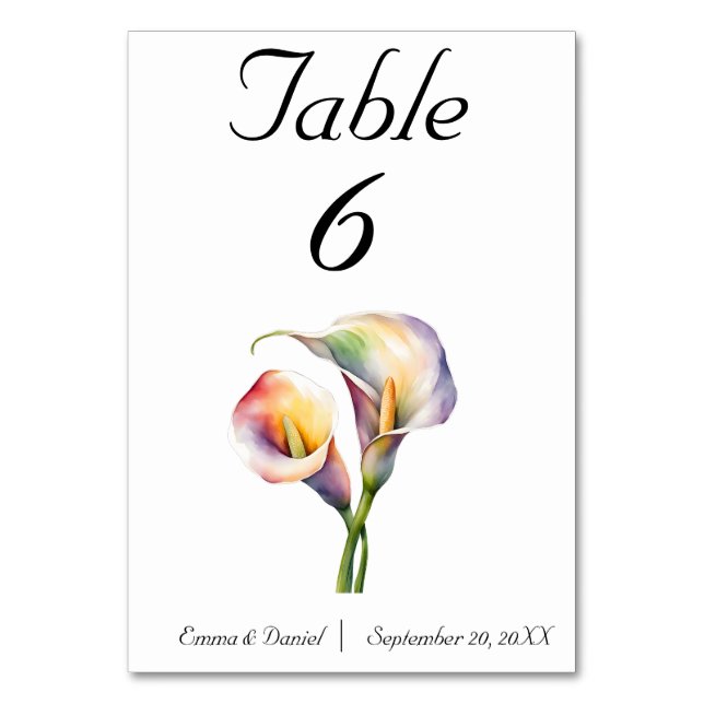 Numéro De Table Elégante aquarelle Calla Lilies Romantique Floral (Par défaut)