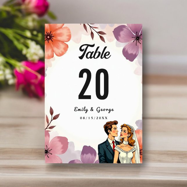 Numéro De Table Elégante aquarelle Floral Romantique Couple Mariag (Créateur téléchargé)