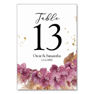 Numéro De Table Elégante aquarelle moderne Orchidée rose & Pampas
