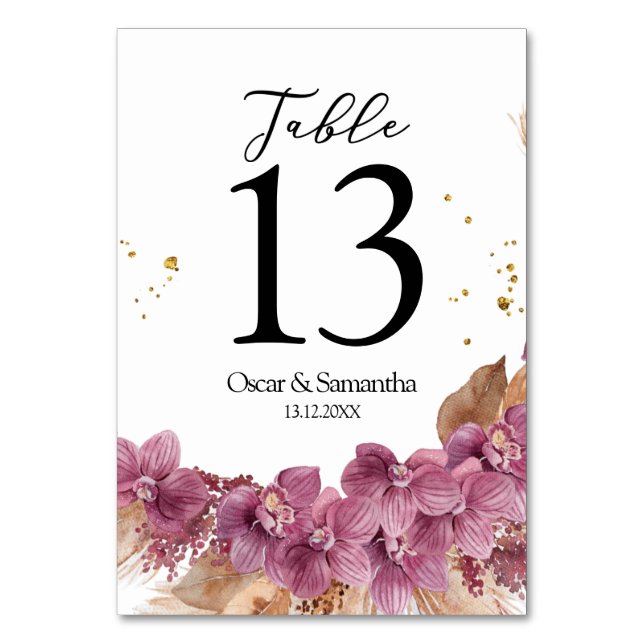 Numéro De Table Elégante aquarelle moderne Orchidée rose & Pampas (Par défaut)