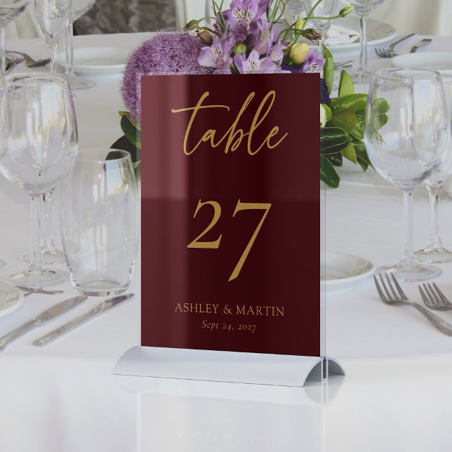 Numéro De Table Elégante Bourgogne avec Mariage personnalisé Gold (Elegant Burgundy with Gold Personalized Wedding Table Number)