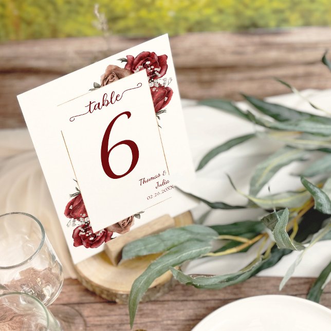 Numéro De Table Elégante Bourgogne & Fleurs Argent (Elegant Burgundy & Silver Flowers Table Number)