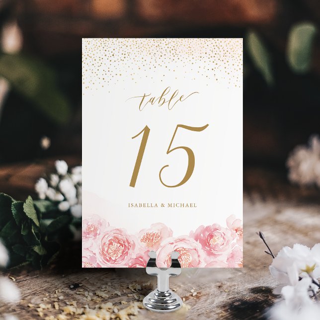 Numéro De Table Élégante calligraphie or & mariage floral roux (Elegant calligraphy gold & blush floral wedding table number)