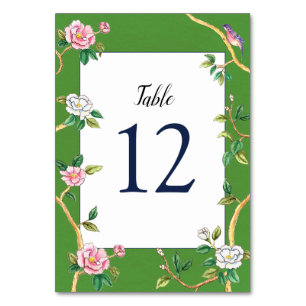 Numéro De Table Élégante Chinoiserie Florale Vert & Blanc