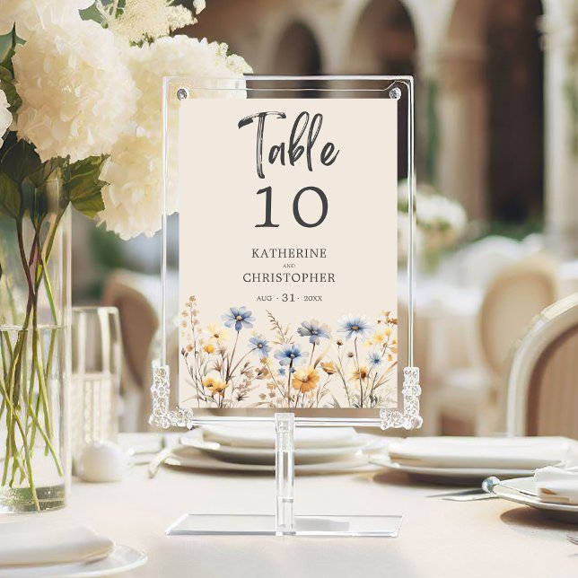 Numéro De Table Elégante Dusty Blue Fleur sauvage Mariage Réceptio (BOHO Watercolor Wildflower Wedding Table Number with wedding details, blue, yellow, purple flowers.
)