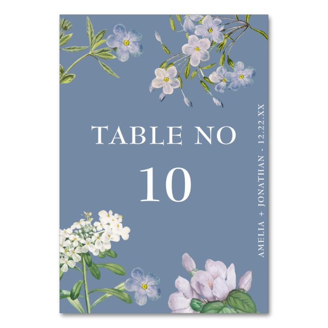 Numéro De Table Elégante Fleurs blanches Mariage bleu poussiéreux (Par défaut)