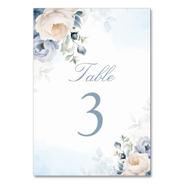 Numéro De Table Elégante Fleurs Bleues Dusty, Mariage Floral (Dos)