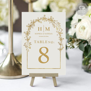 Numéro De Table Élégante Fleurs d'or blanc Mariage floral